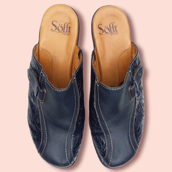 Sofft Tooled Leather Clogs Size 8.5M Blue Slip On Boho Southwestern Floral Folk - Picture 4 of 11